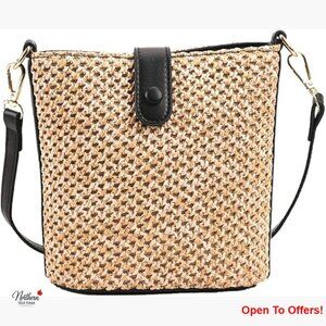Straw Crossbody Bag with Leather Straps Hand Woven Rattan Shoulder Purse
